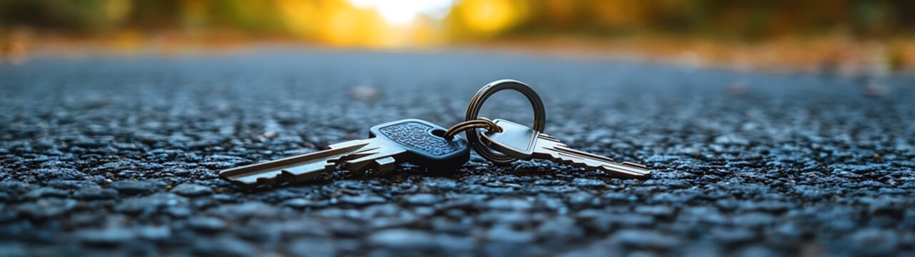 Lost Keychain on Asphalt Road - High-Resolution Close-up Photography with Blurred Background