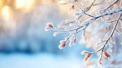 Frost covering the branches of a tree in the early morning, cold weather, winter beauty