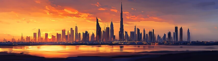 Obraz premium Majestic Dubai Skyline in Warm Orange Twilight - Hyper-Realistic Cinematic Cityscape with Ultra-Detailed High Resolution View