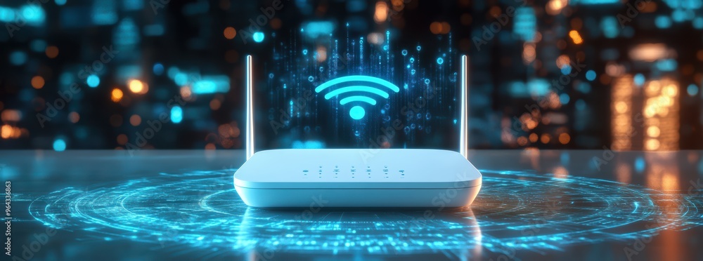 Poster a modern white wi fi router with two antennas is displayed on sleek surface, surrounded by glowing d