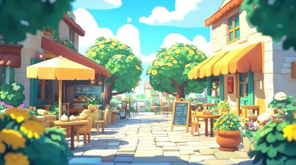 A cozy, cartoon-style town cafe with outdoor seating, sunny skies, and freshly baked goods, setting the perfect atmosphere for a peaceful day