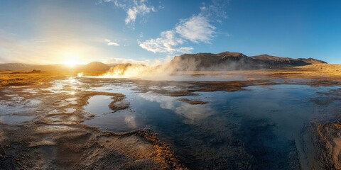 Fototapeta premium A breathtaking landscape at sunrise featuring steaming geothermal waters and dramatic mountains in a serene natural setting.