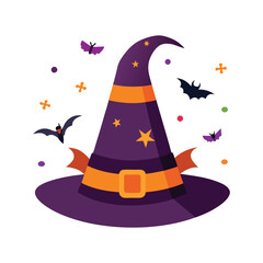 Halloween Witch Hat with Bats, Pumpkin, and Stars Vector Illustration
