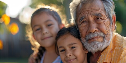 Fototapeta premium Family members enjoying time together outdoors, sharing love and joy in a natural setting. Seniors and children bonding happily during their vacation in the sunshine