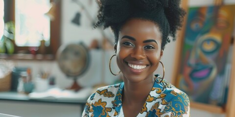 Naklejka premium Joyful black woman working on a laptop in an art studio, surrounded by design tools and a notebook, showcasing creativity as a freelancer or artist