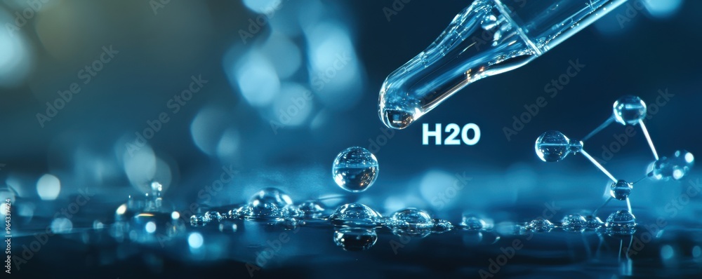 Aufkleber close-up of a volumetric drop being poured with h2o molecule structure background concept