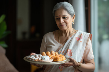 indian middle aged woman holding sweet plate