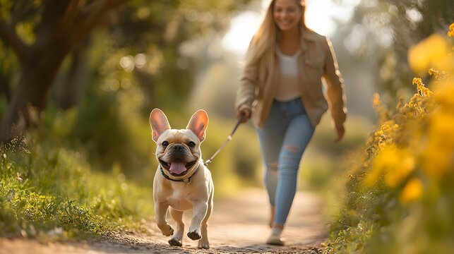 A woman walking her lively French bulldog on a tree-lined path, the dog pulling playfully on the leash as she smiles.