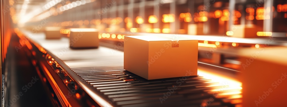 Aufkleber cardboard boxes on conveyor belt in warehouse setting, illuminated by warm lights, create dynamic an
