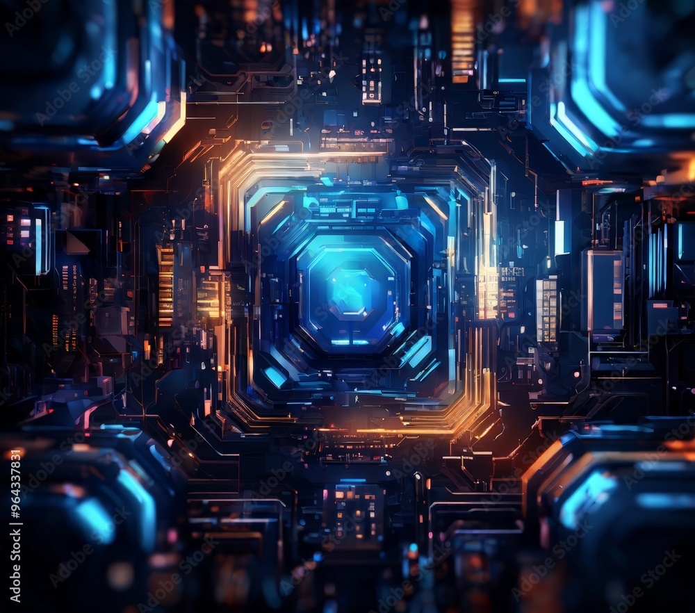 Poster futuristic, cyberpunk-inspired scene, featuring a complex network of glowing lines and shapes in sha