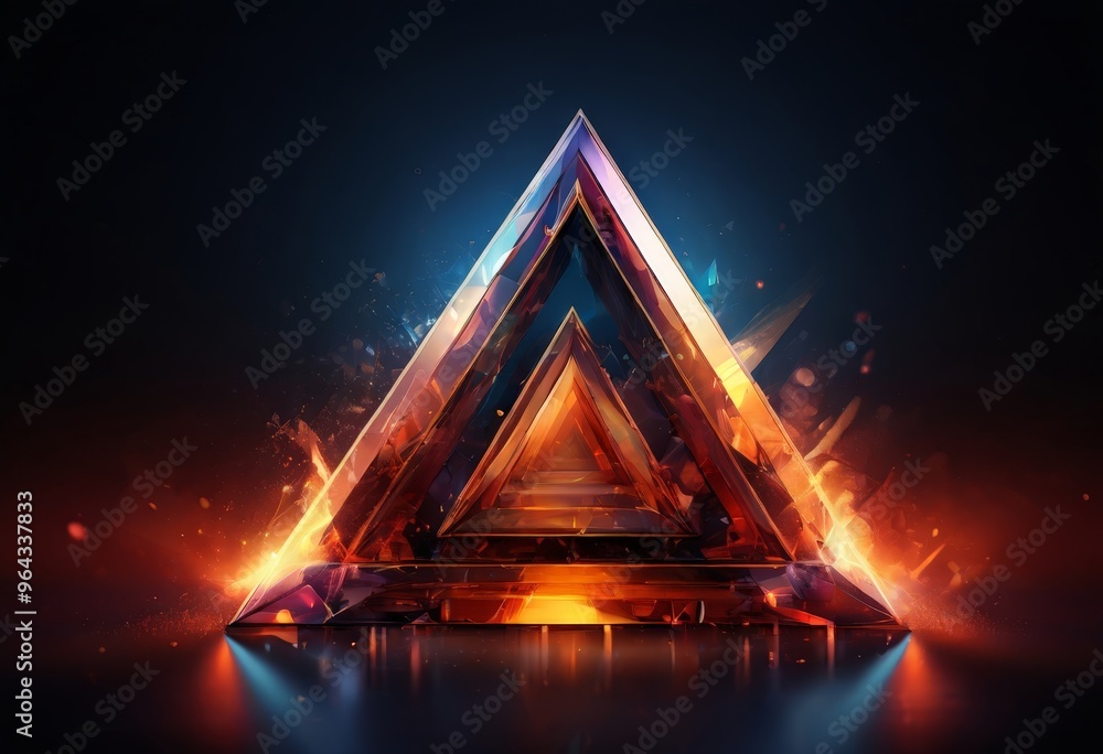 Poster a digital illustration of a triangular prism with a reflective surface, surrounded by a fiery glow a