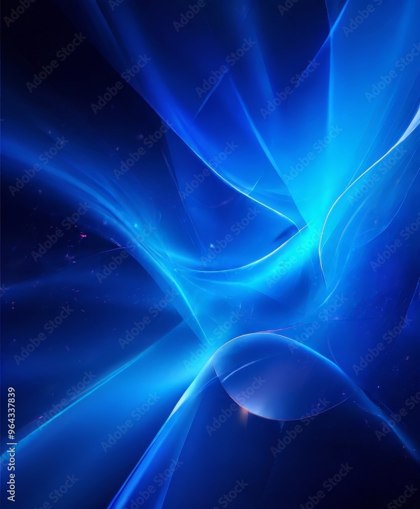 Poster vibrant abstract composition of blue and white hues, with a central, curved shape that appears to be