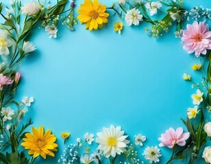 Obraz premium A vibrant floral arrangement of yellow daisies, white daisies, pink flowers, and green leaves frames a blue background.