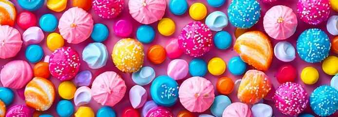 Fototapeta premium A vibrant assortment of colorful candies and sweets, including pink, blue, yellow, orange, and white, are scattered across a pink background.