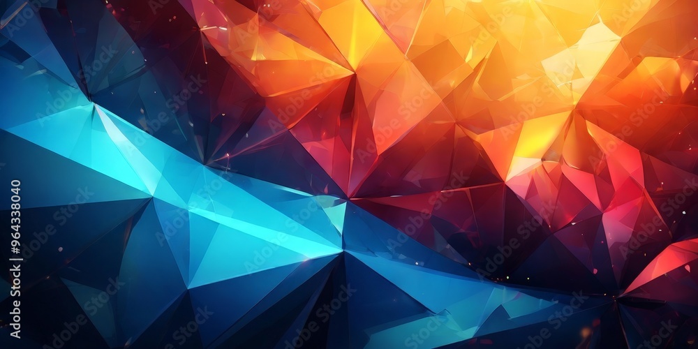 Poster vibrant abstract composition of overlapping triangular shapes in various shades of blue, orange, and