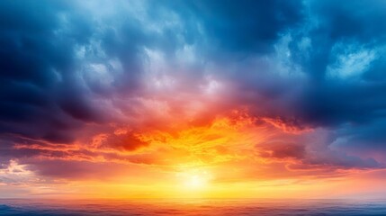 Obraz premium Sun setting behind a line of thunderstorms on the horizon, dramatic weather, contrast of light and dark