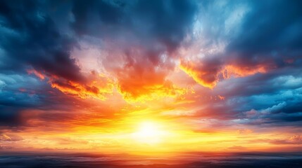 Sun setting behind a line of thunderstorms on the horizon, dramatic weather, contrast of light and dark