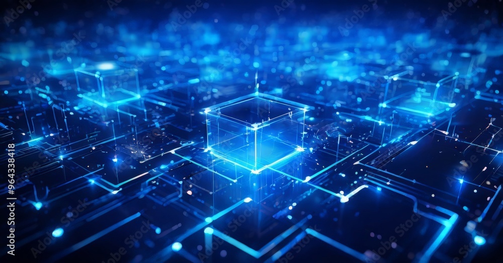 Poster futuristic digital landscape, where a network of interconnected cubes, each glowing with a unique bl