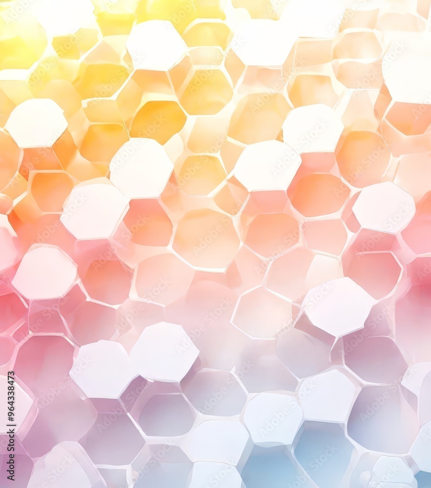 Poster vibrant abstract pattern composed of numerous hexagonal shapes in various shades of pink, orange, ye