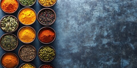 A colorful array of various spices arranged in bowls on a textured background, perfect for culinary and food-themed projects.