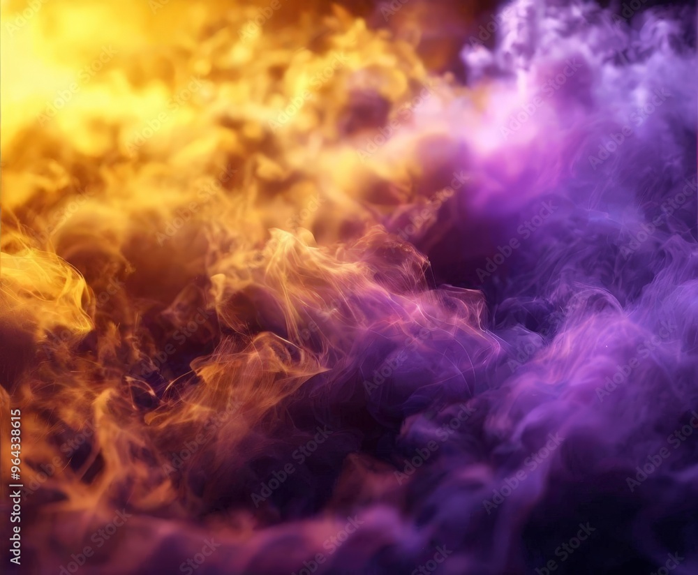 Poster a swirling pattern of vibrant orange and purple smoke, creating a dynamic and visual effect.