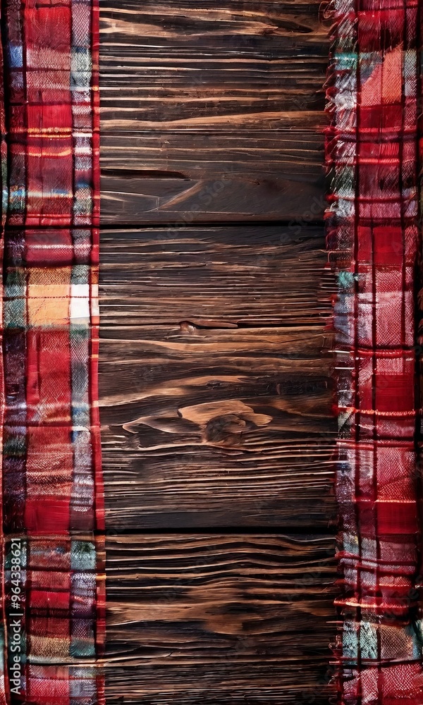 Poster a close-up of a wooden surface with a plaid fabric draped over the left side, creating a textured an