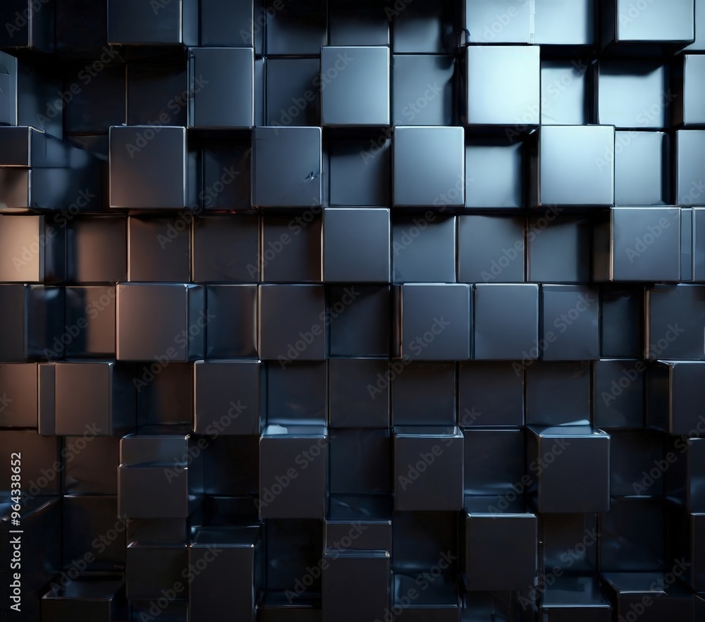 Poster a a dark blue, metallic wall composed of numerous cubes arranged in a grid-like pattern, creating a 