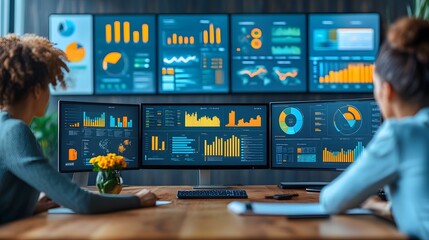 Office workers engaged in a virtual meeting, sharing screens and analyzing infographics detailing business strategy and financial insights.