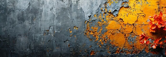 Obraz premium a textured wall with a mix of gray and orange paint, with a few orange flowers peeking out from the cracks.