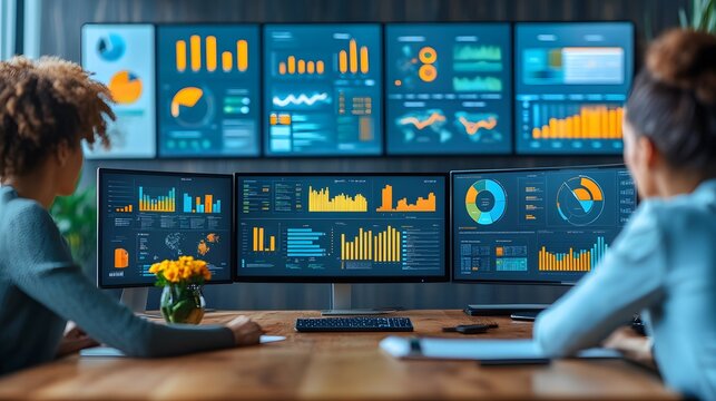 Office workers engaged in a virtual meeting, sharing screens and analyzing infographics detailing business strategy and financial insights.