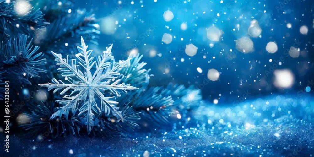 Poster a close-up of a snowflake resting on pine branches, with a blurred background of falling snow and tw