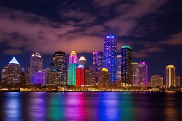 Enchanted Urban Skyline with Colorful Lights and Vibrant Glow