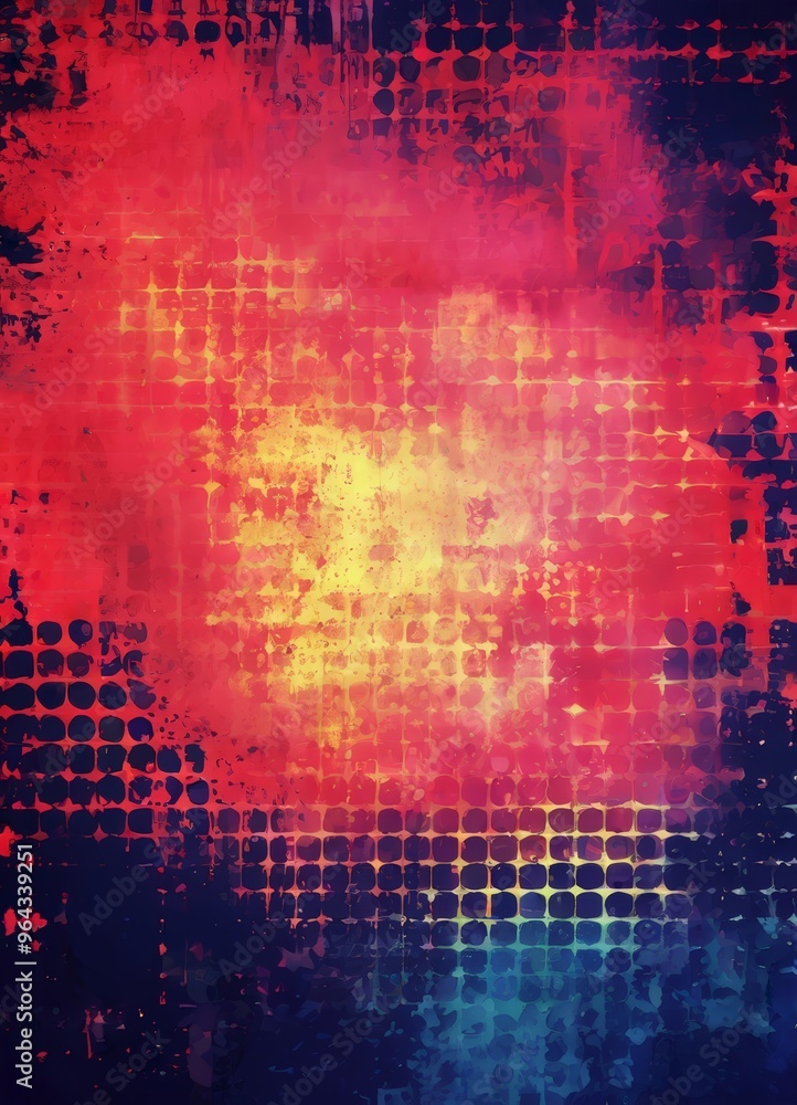 Poster vibrant abstract background with a grid-like pattern of circles and lines in various shades of red, 