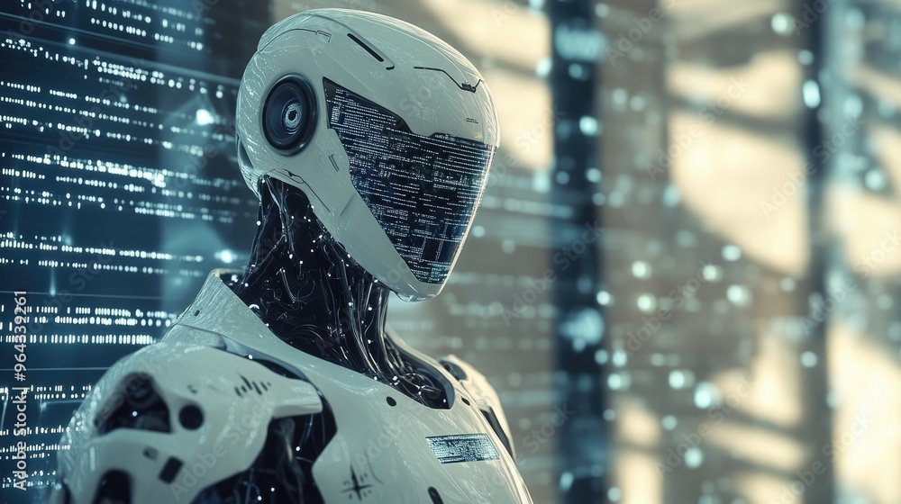 Poster a futuristic ai robot analyzing complex data in a high-tech environment, symbolizing innovation and 