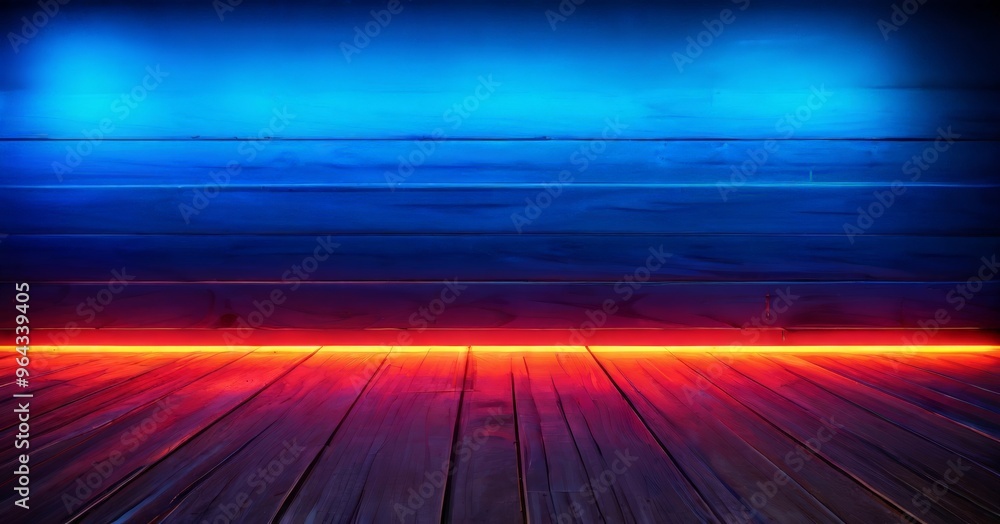 Poster a wooden floor with a glowing red and blue light strip running along the bottom, creating a striking