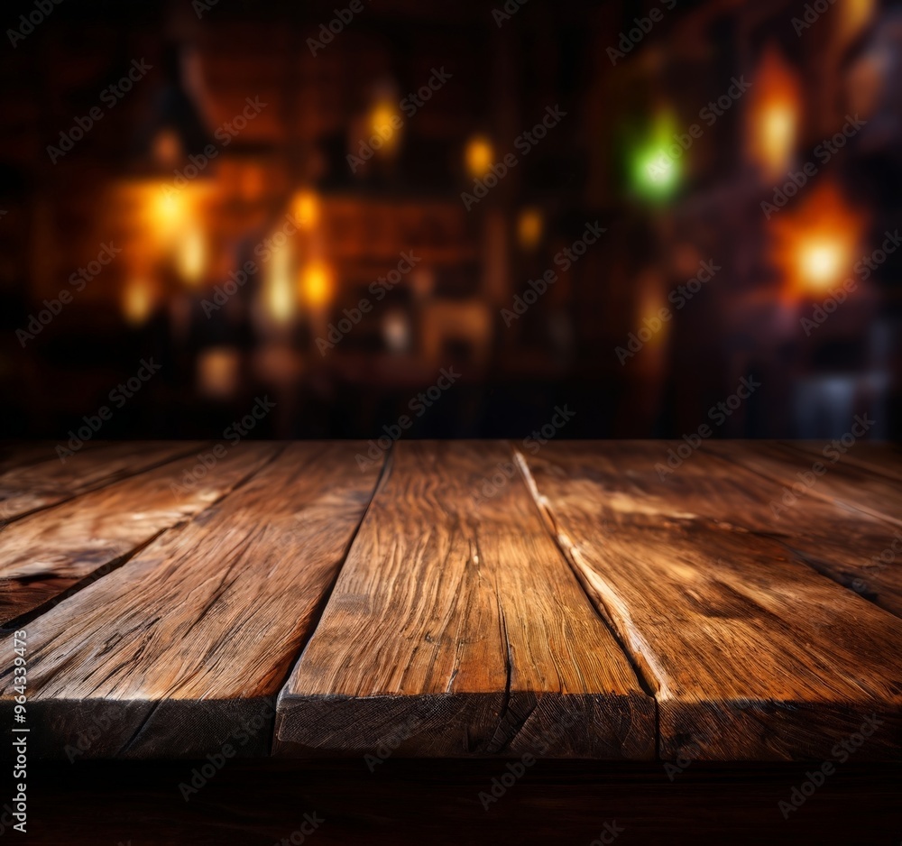 Poster a wooden table with a weathered surface sits in the foreground, while a blurred background of a diml