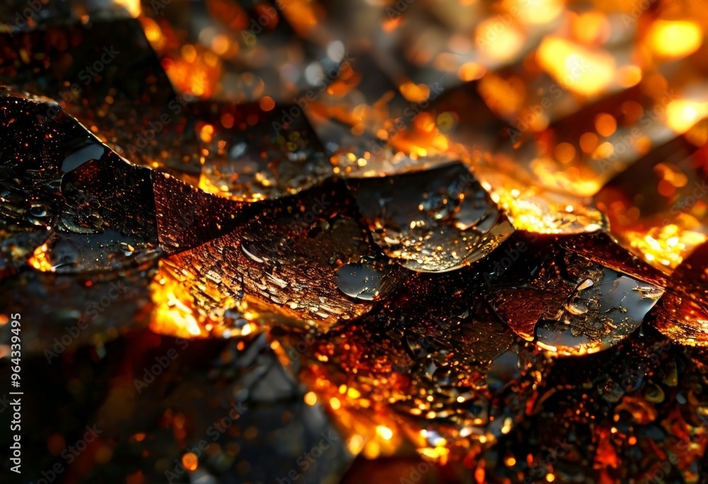 Poster a close-up view of a textured surface with a pattern of dark and light orange and black shapes, rese