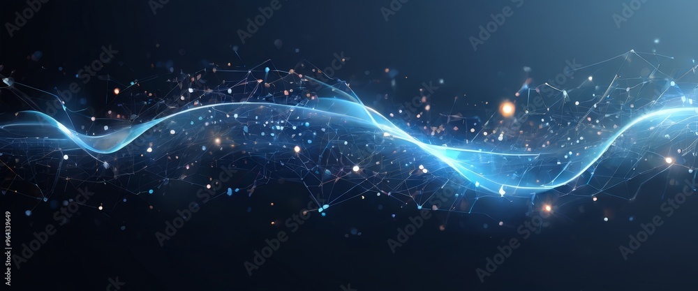 Poster digital illustration of a wave-like pattern composed of interconnected lines and dots, with a gradie