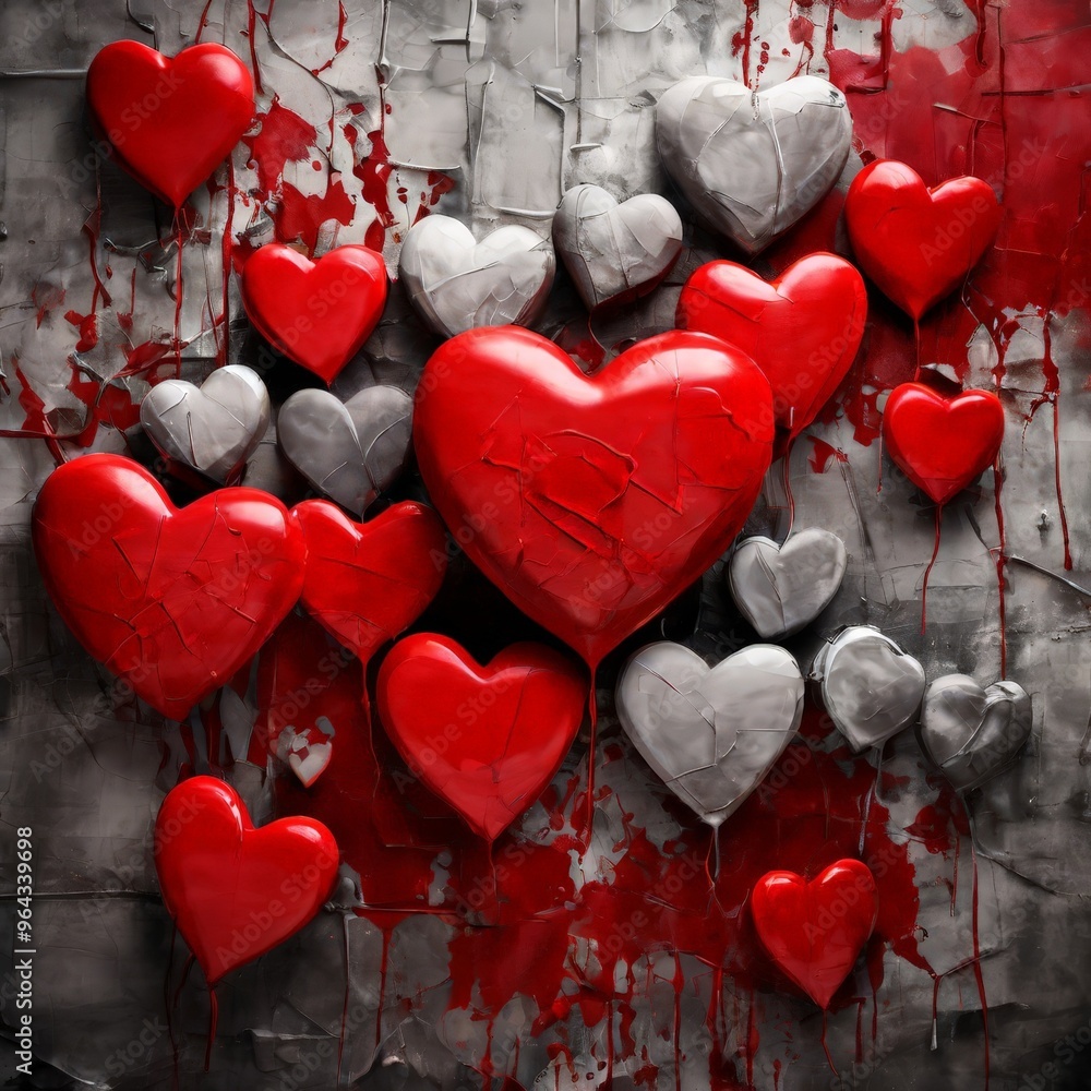 Aufkleber a collection of red and gray heart-shaped objects, some cracked and others intact, arranged against 
