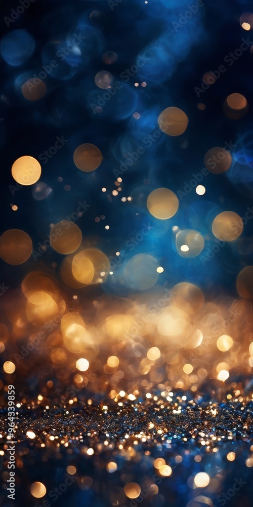 Poster blend of blue and gold hues, with a multitude of small, circular lights scattered across the frame, 