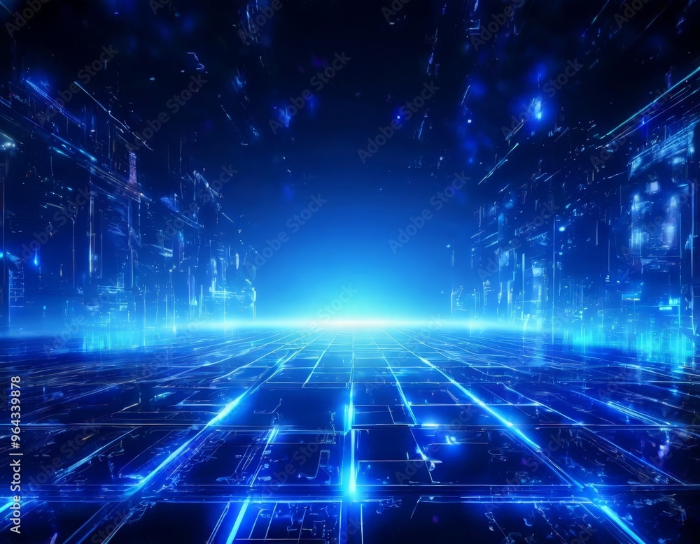 Poster futuristic cityscape with a grid-like pattern of glowing blue lines and lights, creating a sense of 