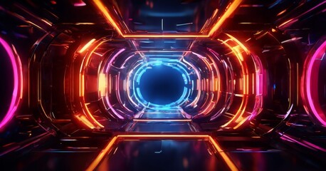 A futuristic corridor with a blue and orange glow at the end, creating a sense of depth and mystery.