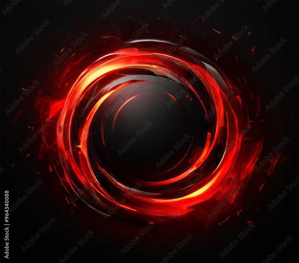 Poster circular design with a black center and a fiery, swirling pattern of red and orange lines radiating 