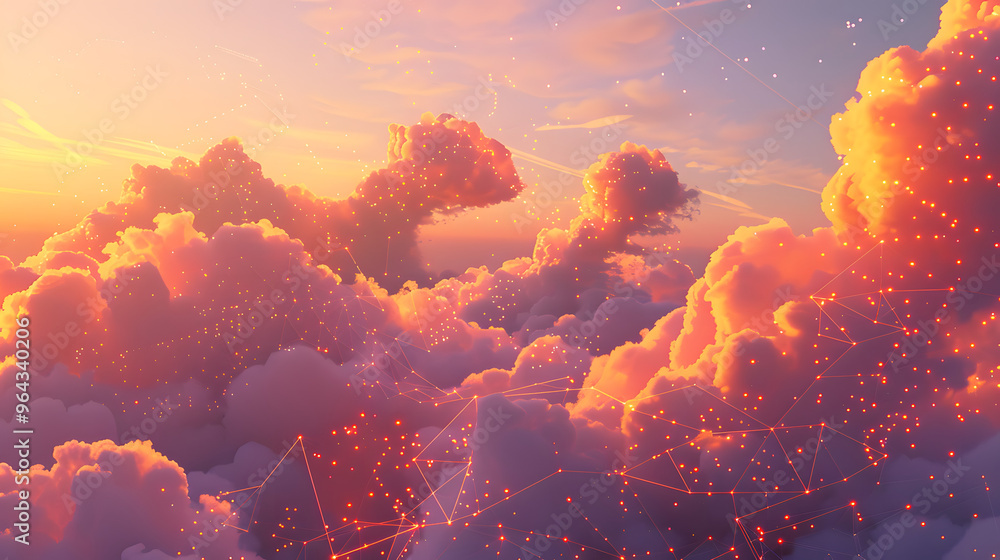 Poster cloud formations in the sky morphing into network topologies and data packet visualizations