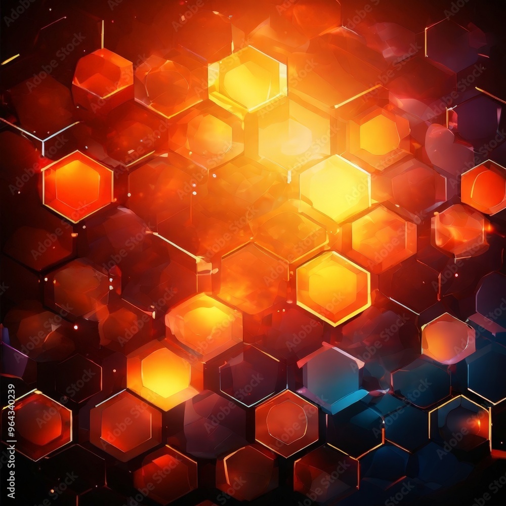 Aufkleber vibrant, abstract pattern composed of numerous hexagonal shapes in various shades of orange, yellow,