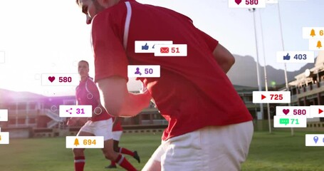 Animation of icons and data processing over diverse rugby players - Powered by Adobe