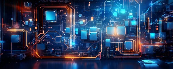 Fototapeta premium futuristic, cyberpunk-inspired scene with a complex network of interconnected circuit boards and glowing blue and orange lights.