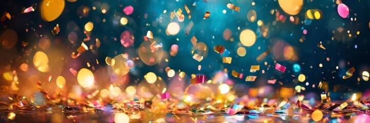 A vibrant display of confetti in various colors and shapes, creating a festive and celebratory atmosphere.