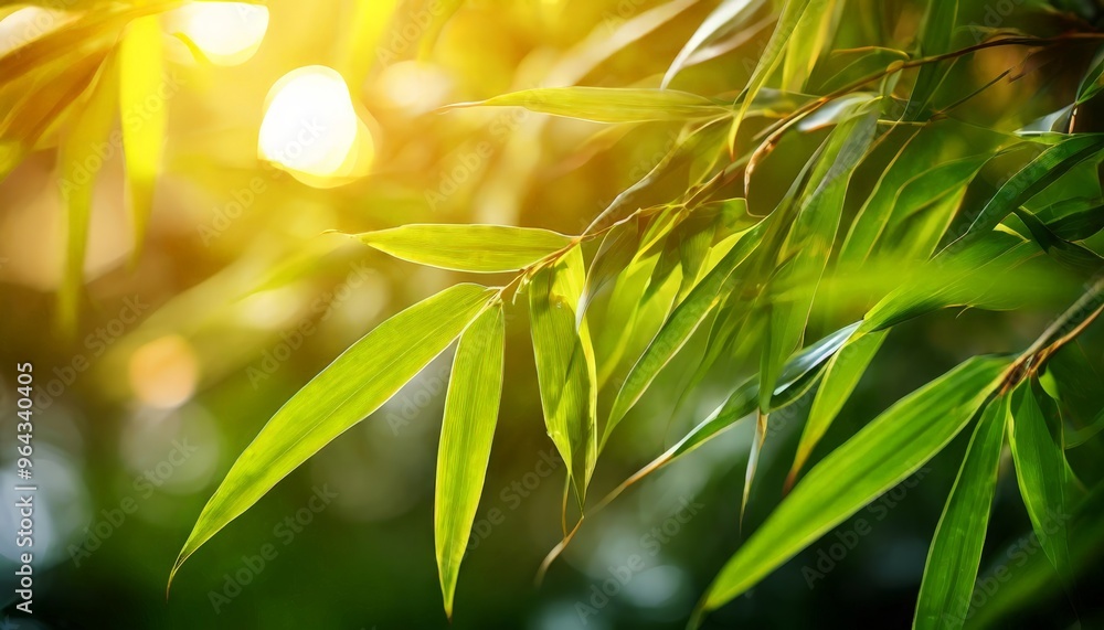 Poster a close-up view of lush green leaves with sunlight filtering through, creating a warm and serene atm