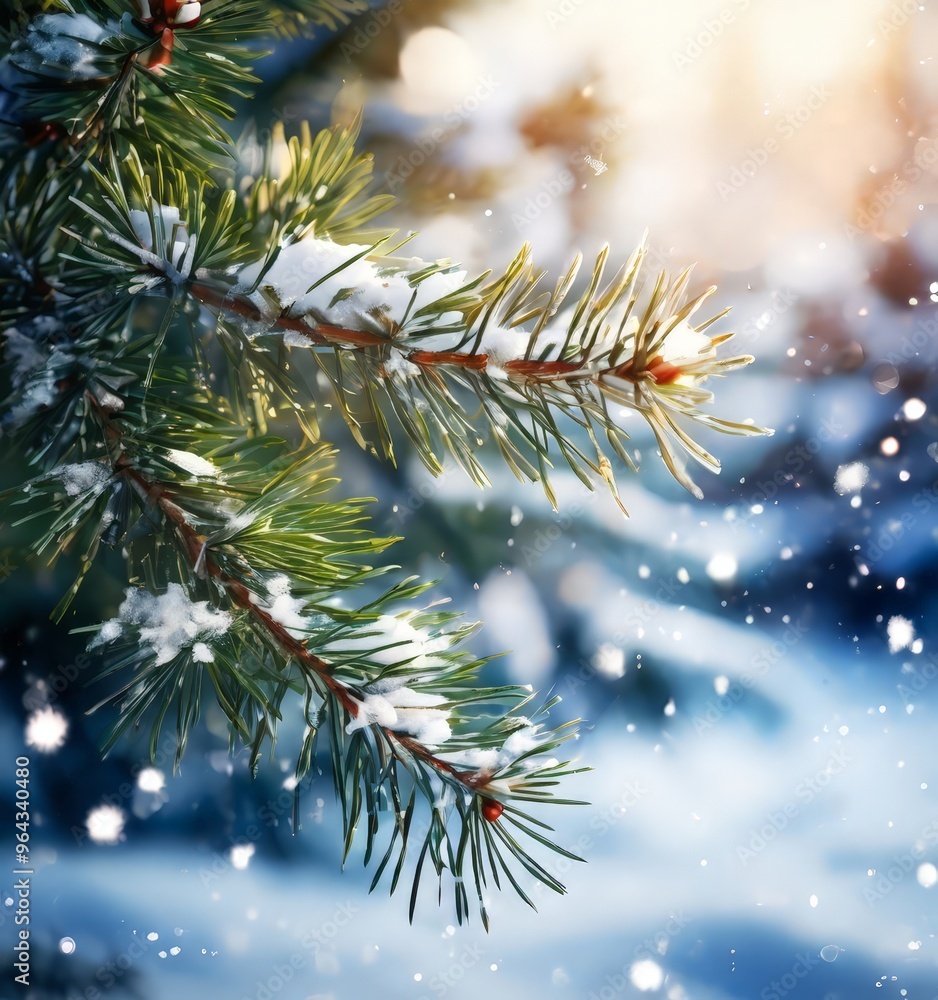 Poster a close-up view of a snow-covered pine branch with green needles and a red pine cone, set against a 